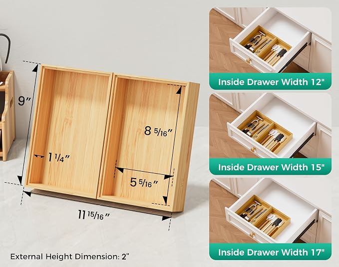 Bamboo Kitchen Drawer Organizer Boxes – 9" x 6" Stackable Wood Silverware - Image 2