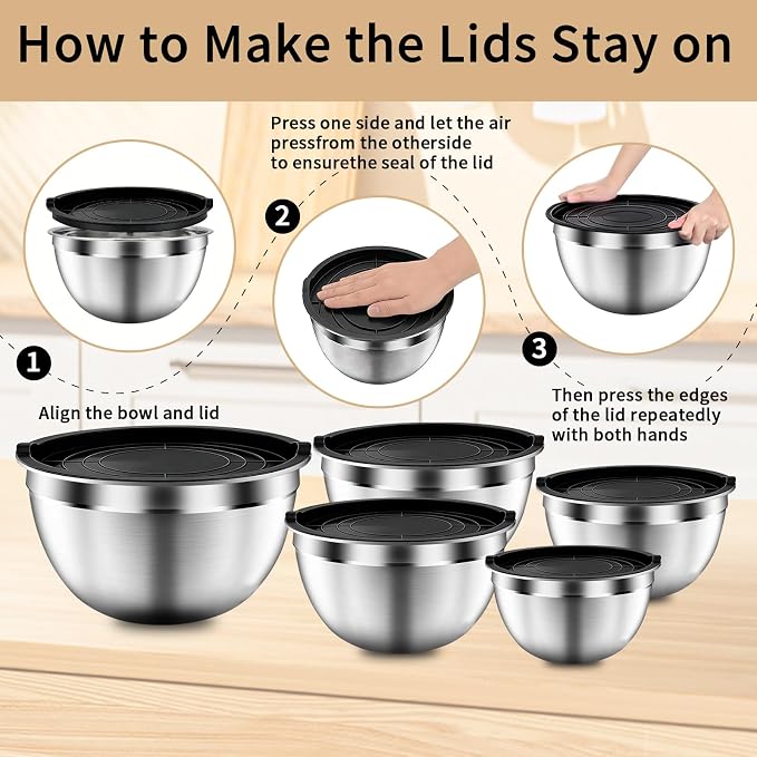 Mixing Bowls with Airtight Lids Set, Large Prep Metal Mixing Bowls - Image 4