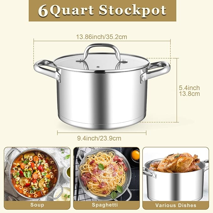 Leonyo 6QT Stock Pot with Lid, Stainless Steel Soup Pasta Pot - Image 2