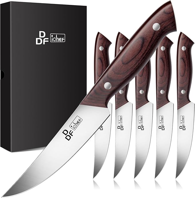 DDF iohEF Steak Knives Set of 6, Non-serrated Steak Knife 4.5 Inch High Carbon by DDFiohEF