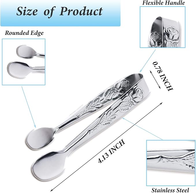 6PCS Mini Serving Tongs, 4Inch Rose Stainless Steel Sugar Cube Tongs, Sliver - Image 2