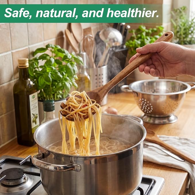Wooden Ladles for Cooking, 2-Piece Soup Ladle & Pasta Spoon Set, Natural Teak - Image 6
