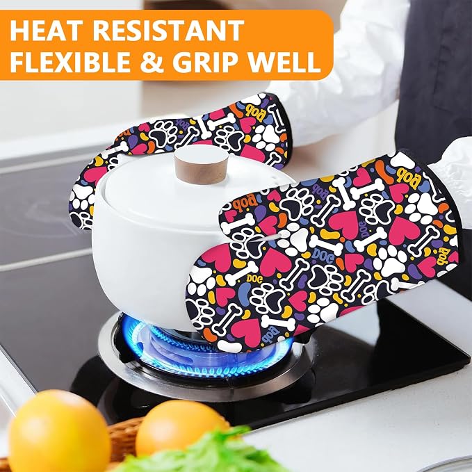 Paw Prints Oven Mitts and Pot Holders Sets 4Pcs, Extra Long Oven Gloves - Image 6