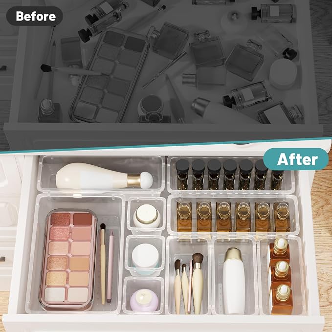WOWBOX 16 PCS Clear Plastic Drawer Organizer Set, 4 Sizes Desk Drawer - Image 5