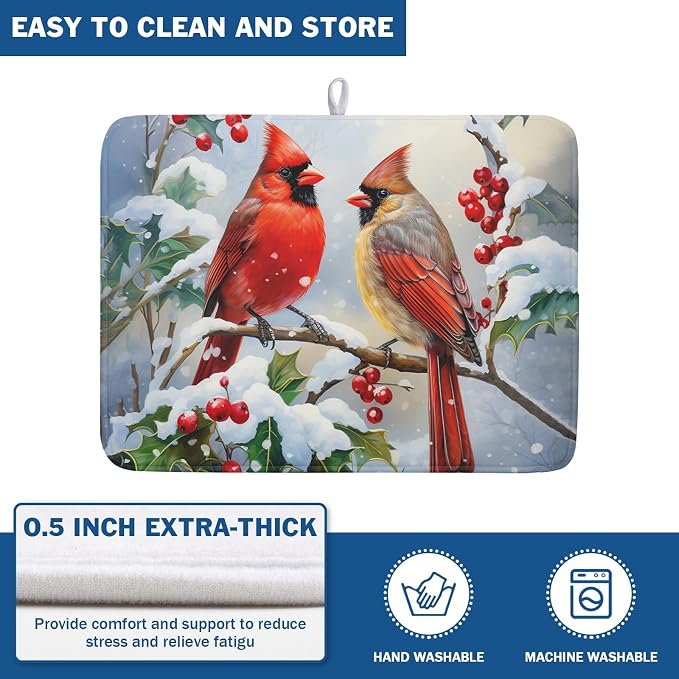 Winter Cardinal Birds Dish Drying Mat, Holly Berry Branches Dish Drying Mat - Image 5