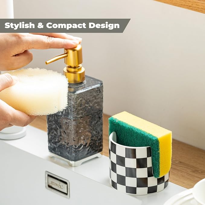 Zoeeker Checkered Kitchen Sink Sponge Holder, Dish Sponge Rack Ceramic Brush - Image 5