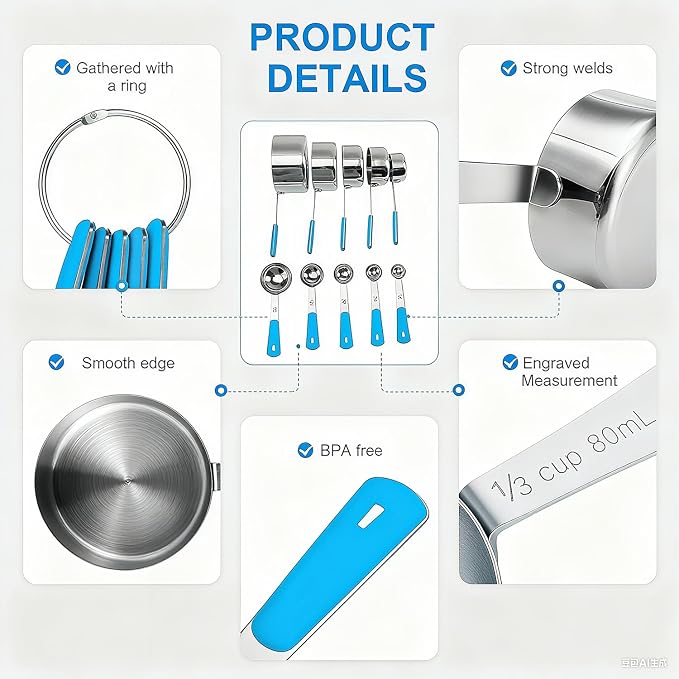 Bopei Measuring Cups and Spoons Set Stainless Steel 10 Piece - Image 3