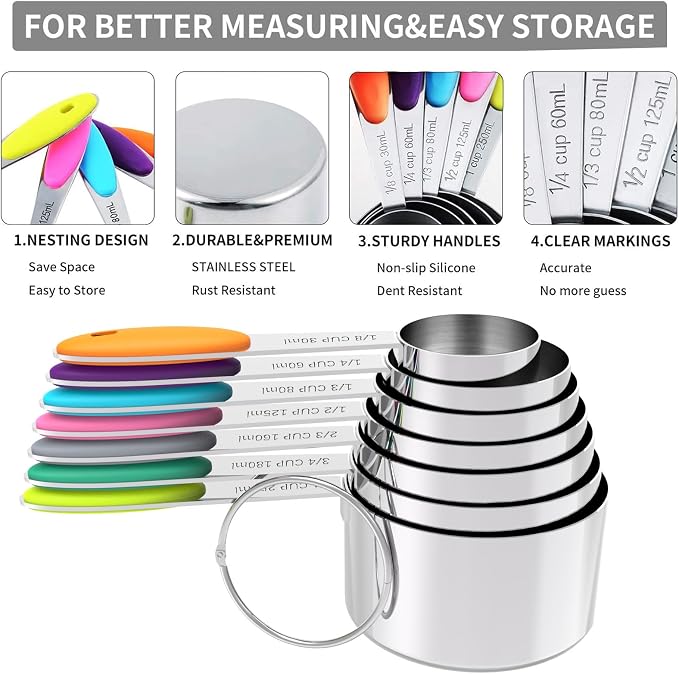 TILUCK Measuring Cups and Spoons Set, Stainless Steel, Kitchen Utensils - Image 5