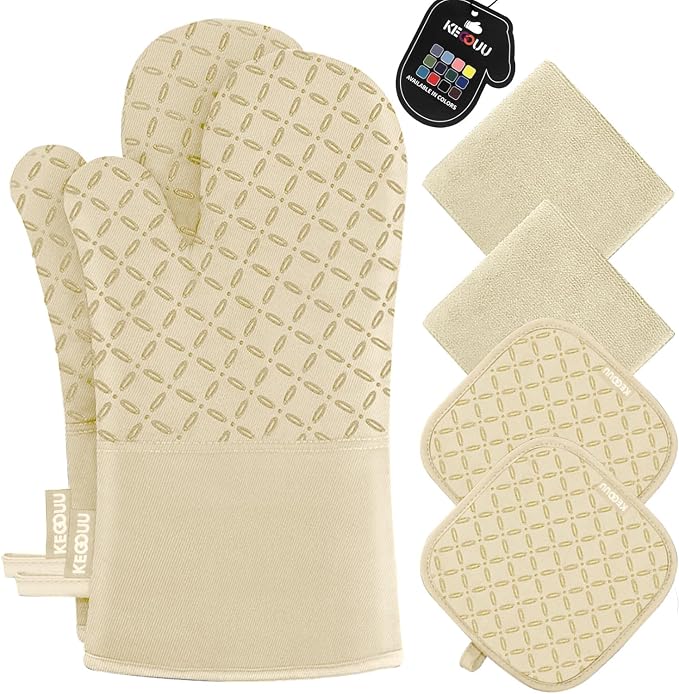 KEGOUU Oven Mitts and Pot Holders 6pcs Set, Kitchen Oven Glove High Heat by KEGOUUOvenMitt