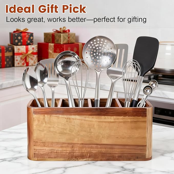 Kitchen Utensil Holder for Counter or Countertop, Large Wooden Utensil Holder - Image 6