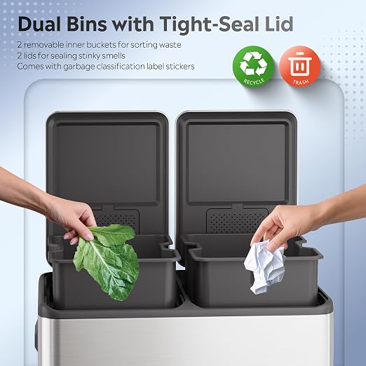 WLIVE 2 x 8 Gallon Dual Compartment Trash Can Stainless Steel, Pet-Proof Double - Image 3