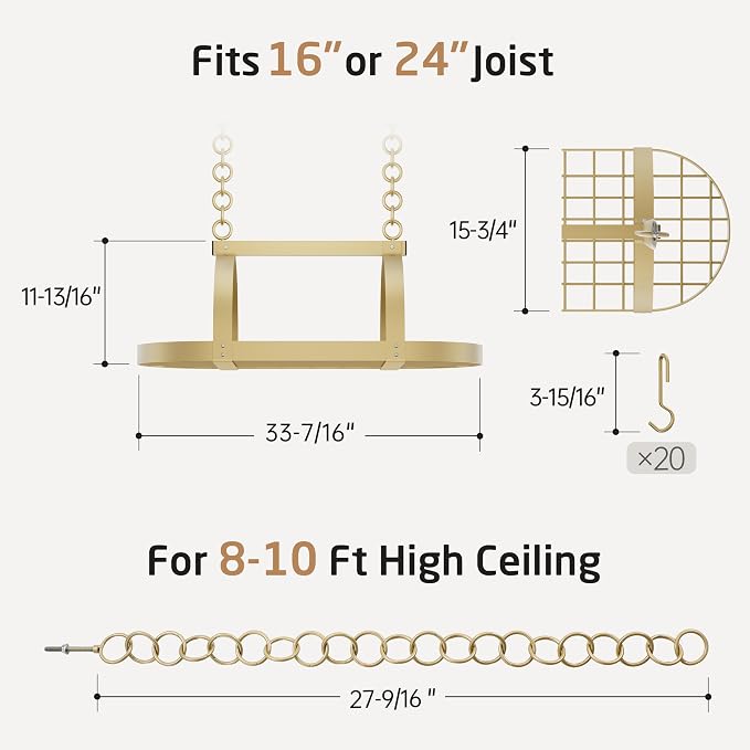 KES Gold 34 Inch Hanging Pot Rack, 100 LBS Capacity Heavy Duty Oval Pot and Pan - Image 9