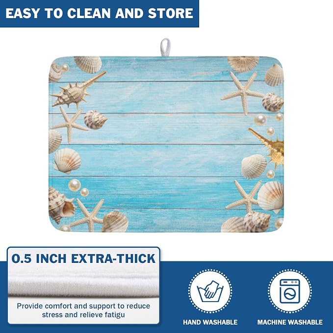 Summer Coastal Dish Drying Mat for Kitchen Counter Seashell Starfish Blue - Image 5