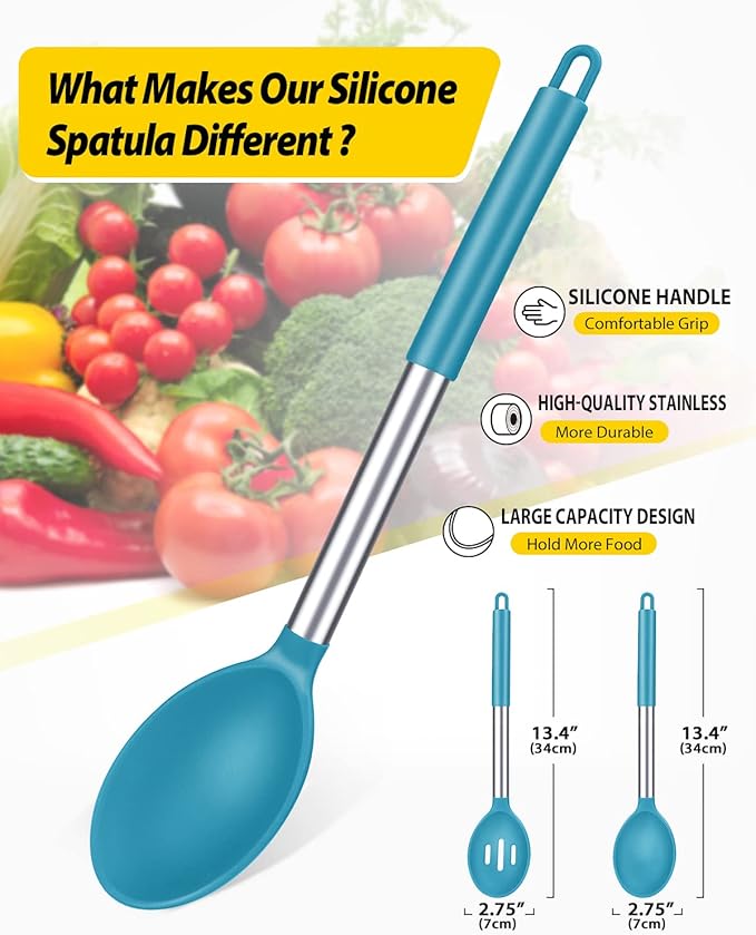 Pack of 2 Large Silicone Cooking Spoons, Non Stick Solid Basting Spoon - Image 2