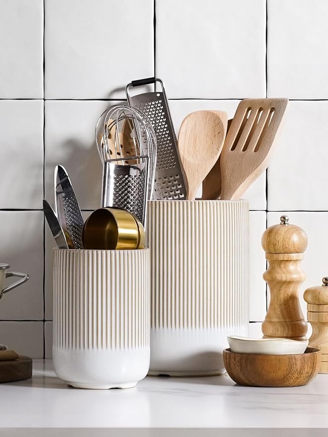LE TAUCI Utensil Holder for Kitchen Counter, 7.3"+5.4" Fluted Ceramic Utensil - Image 3