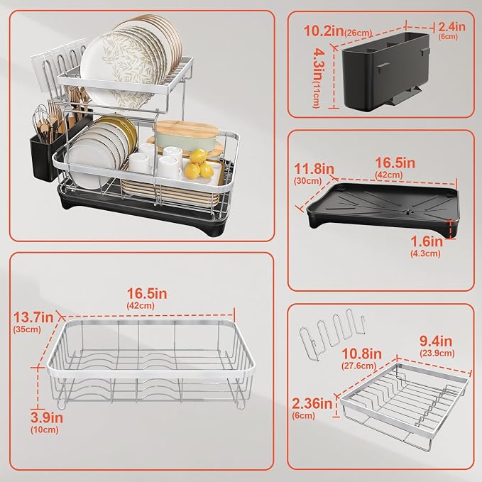 2-Tier Dish Drying Rack for Kitchen Counter, 304 Stainless Steel - Image 2