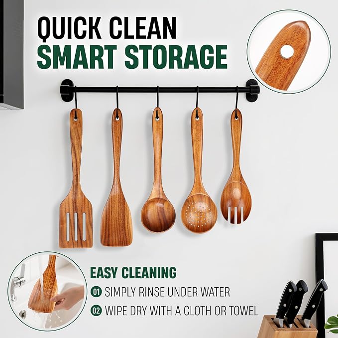 Bkiok Wooden Spoons for Cooking, Natural Teak Wood Kitchen Utensils Set for - Image 6