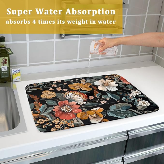 Vintage Floral Dish Drying Mat 18x24 inch Boho Flower Drainer Mats Fast Dry - Image 7