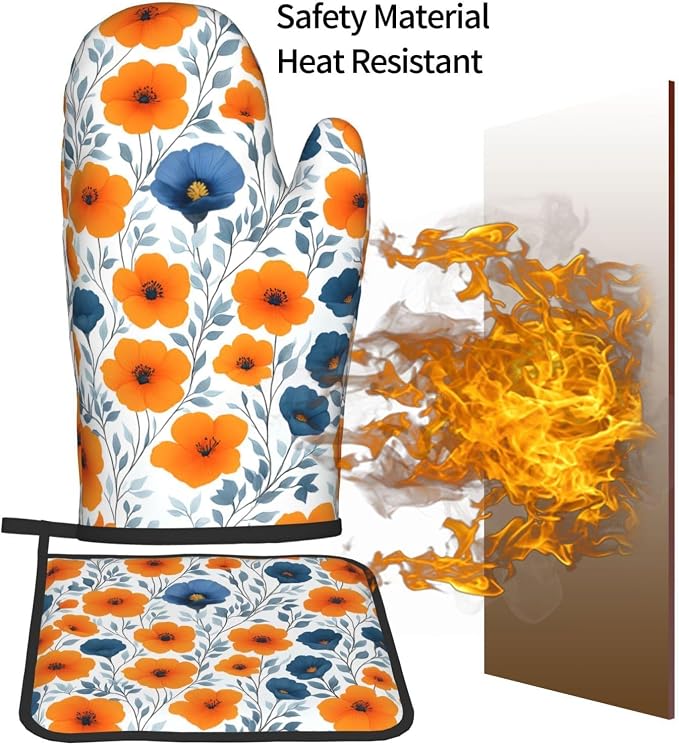Spring Orange Blue Floral Oven Mitts and Pot Holders Sets of 3, Heat Resistant - Image 7