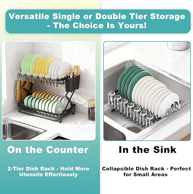 2-Tier Dish Racks for Kitchen Counter, Stainless Steel Kitchen Dish Drying Rack - Image 6