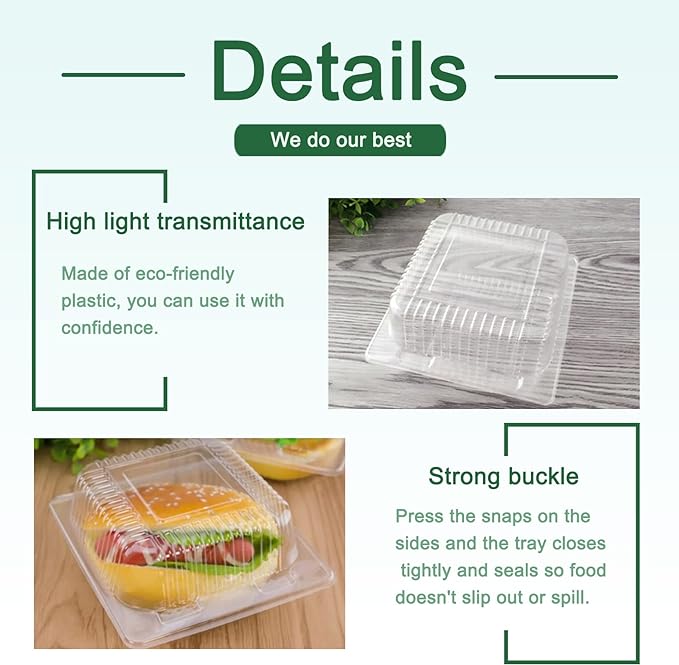 Jizvxe 100 Pack Clear Plastic Square Hinged Food Container, Disposable Plastic - Image 3