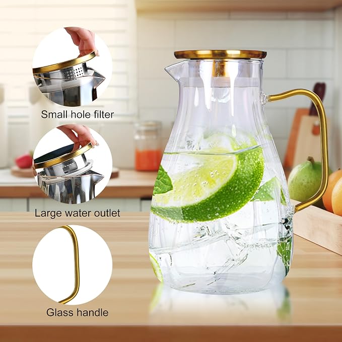 68 oz Glass Pitcher with Lid Water Pitcher with Handle and Spout Heat Resistant - Image 3