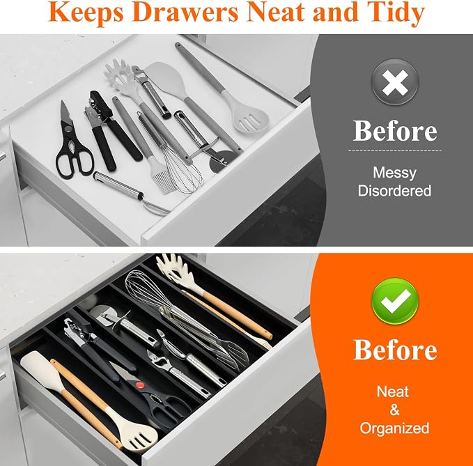 Expandable Large Kitchen Utensil Drawer Organizer Storage Black Bamboo - Image 7