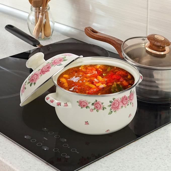 SOUJOY Enamel Stockpot with Lid, 2.8 Quart Retro Cooking Pot, Vintage Floral - Image 6
