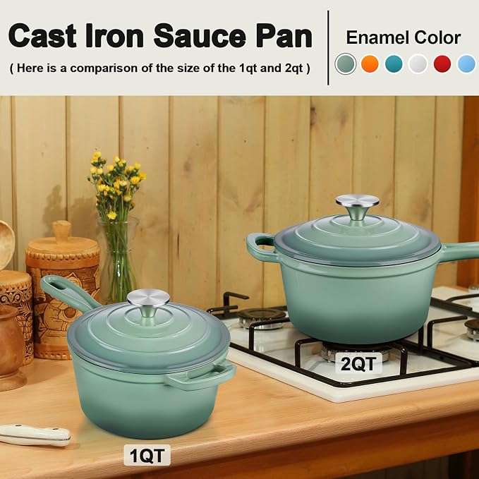 1 Qt & 2 Qt Saucepan Set, Leonyo Enameled Cast Iron Sauce Pan, Cast Iron Dutch - Image 5