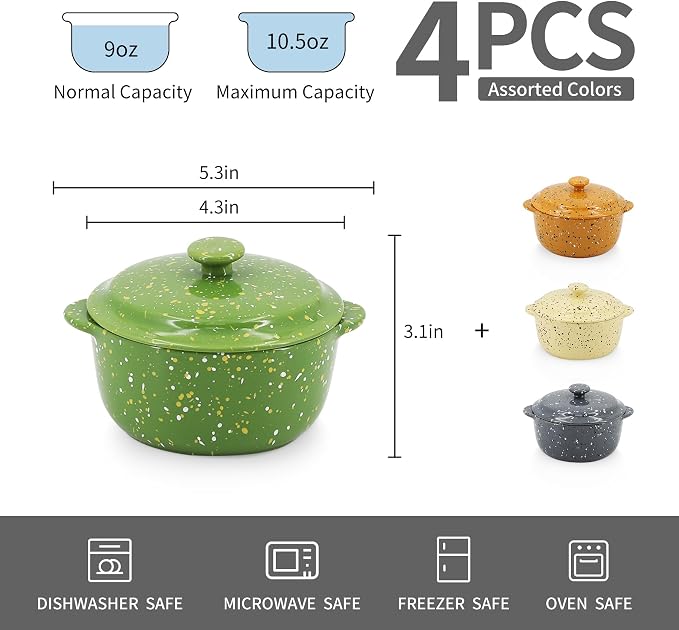 Ceramic Mini Cocotte Set of 4 for Oven, 10 Oz Small Casserole Dishes - Image 2