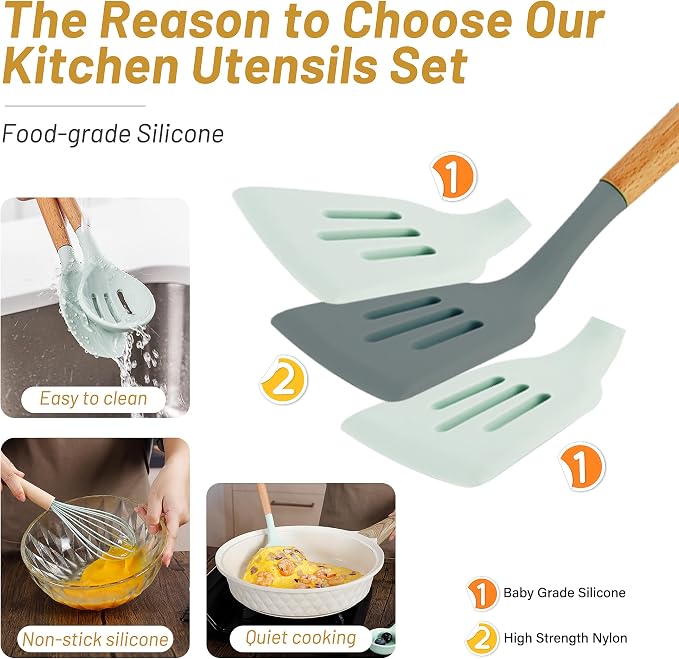 QMVESS Silicone Kitchen Utensils Set, Sturdy Insulation Wooden Handle Kitchen - Image 3
