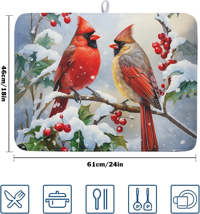 Winter Cardinal Birds Dish Drying Mat, Holly Berry Branches Dish Drying Mat - Image 2