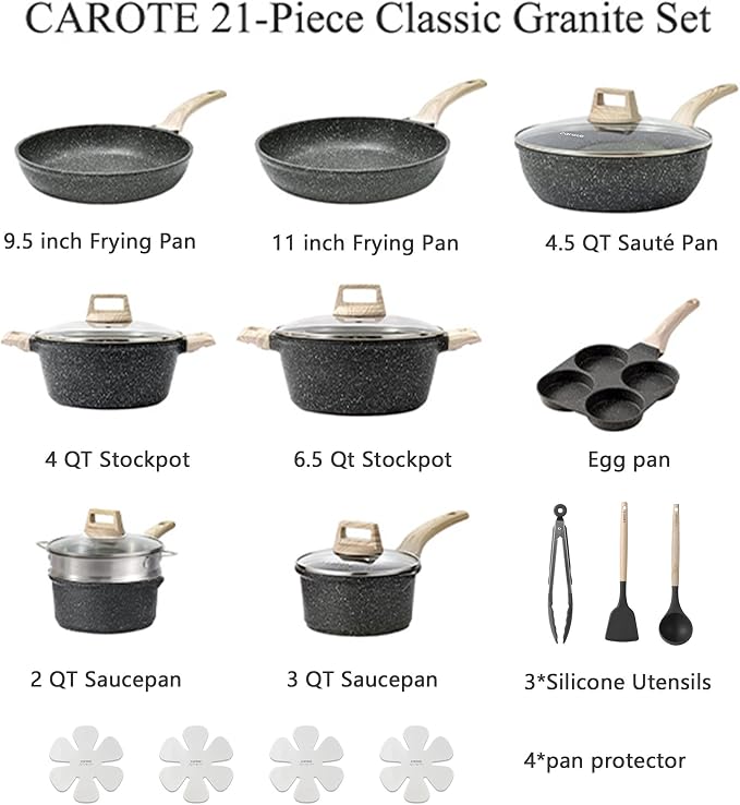 CAROTE 21pcs Pots and Pans Set Nonstick, Cookware Set Black Granite Induction - Image 2