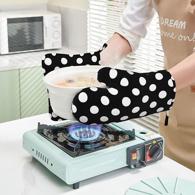 Black White Retro Polka Dot Oven Mitts and Pot Holders Sets of 4, Heat - Image 5