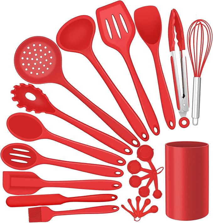 Silicone Kitchen Utensils Set, E-far 23 Pcs Red Cooking Utensils Tools by E-far