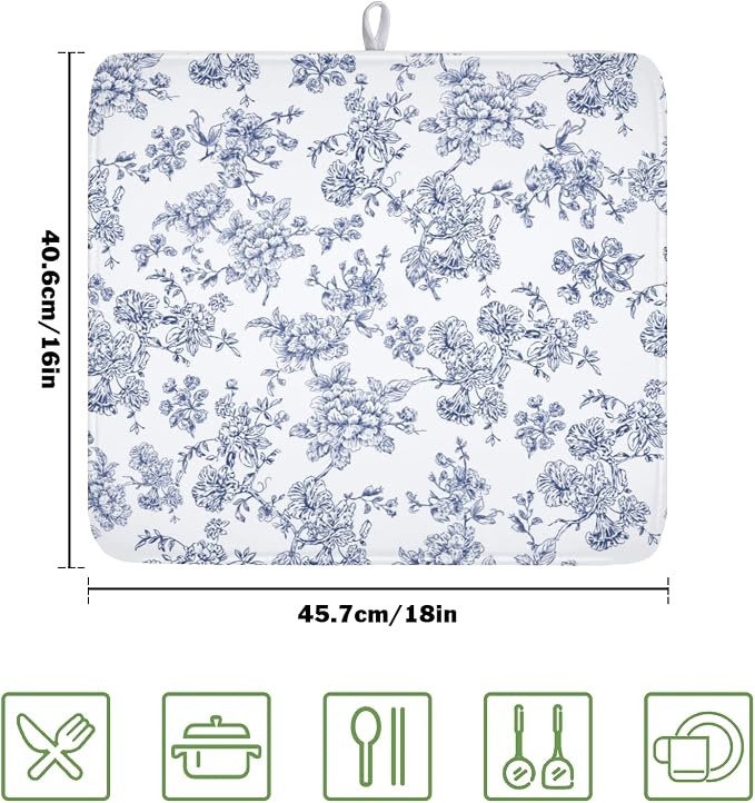 Blue Floral Dish Drying Mat for Kitchen Counter Chinoiserie Flower Microfiber - Image 2