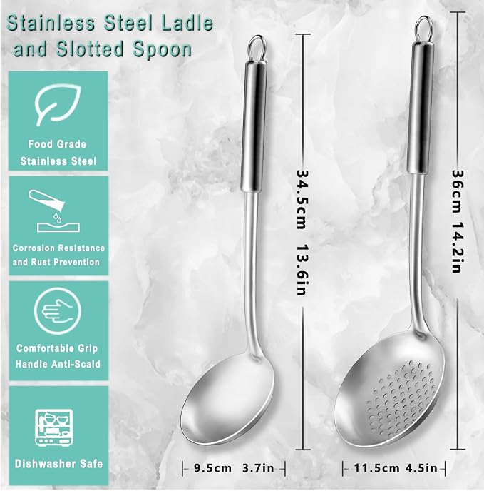 Pleafind 2-Pcs Ladle and Slotted Spoon, Soup Ladle and Strainer Spoons - Image 2
