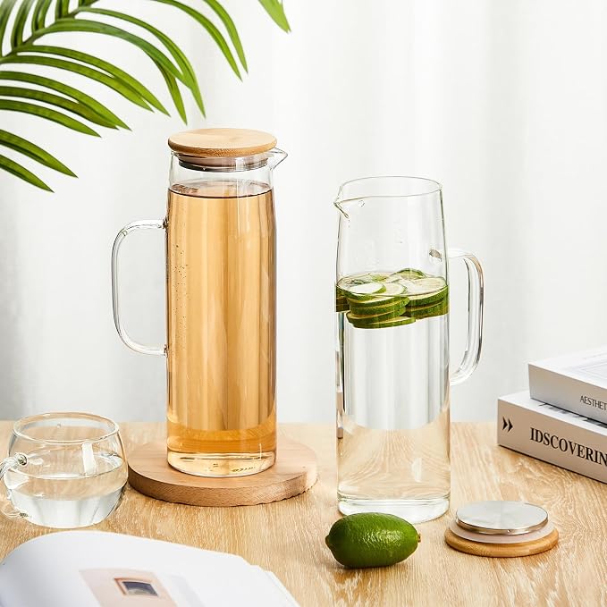 Hsei 2 Sets Glass Pitcher with Lid, 50 oz / 1500 ml Water Carafe with Handles - Image 3
