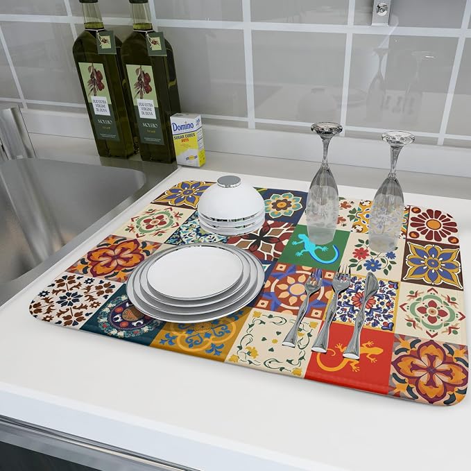Giwawa Mexican Tile Dish Drying Mat 18"x24" Talavera Boho Floral Print Dish - Image 6