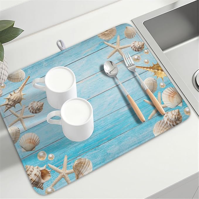 Summer Coastal Dish Drying Mat for Kitchen Counter Seashell Starfish Blue - Image 8