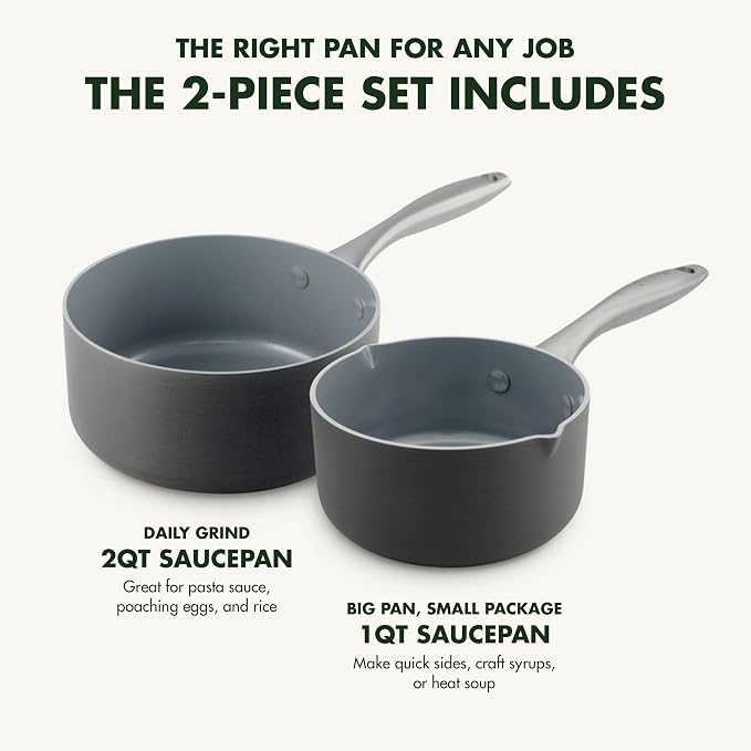 GreenPan Lima Hard Anodized Healthy Ceramic Nonstick 1QT and 2QT Saucepan Pot - Image 2