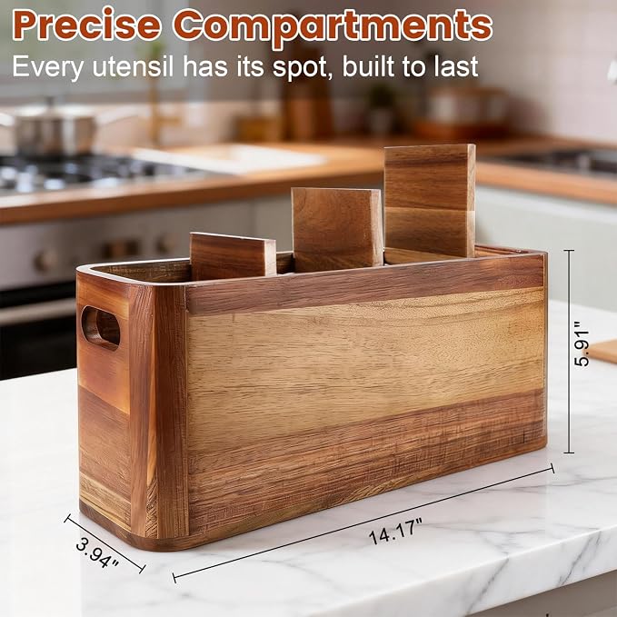 Kitchen Utensil Holder for Counter or Countertop, Large Wooden Utensil Holder - Image 7