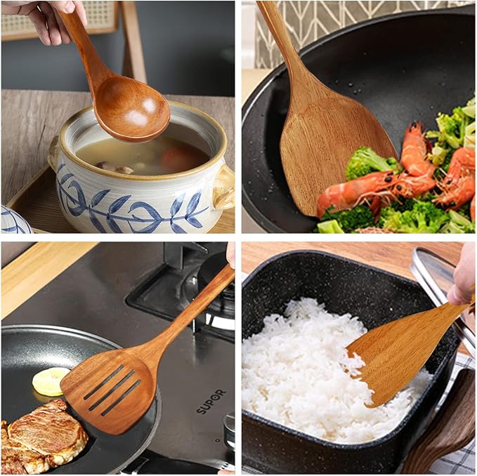 Wooden Spatula, Slotted Turner, Soup Ladle, Long Handle Utensils Set, Handmade - Image 7