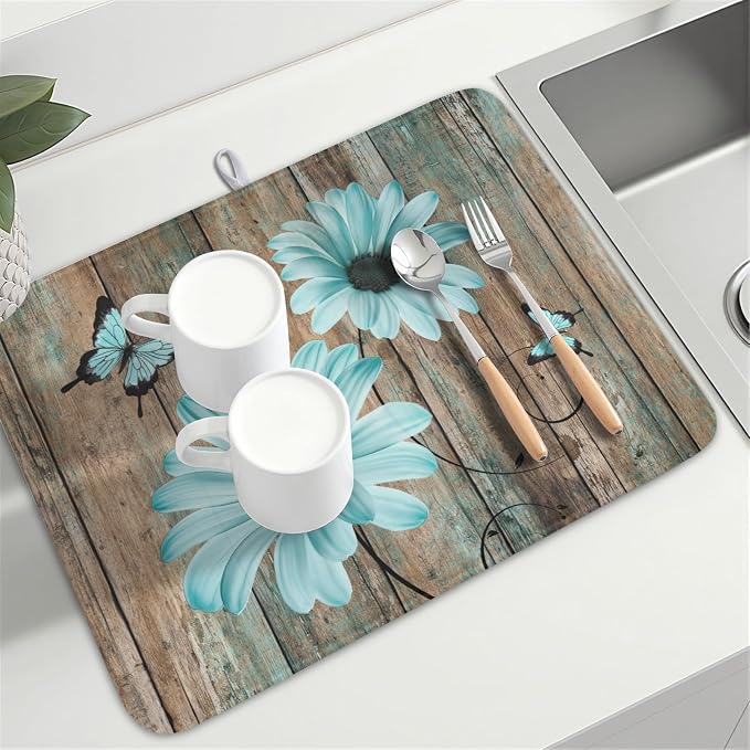 Teal Sunflowers Drying Mat 24x18 Inch, Summer Wooden Board Drying Mat - Image 8