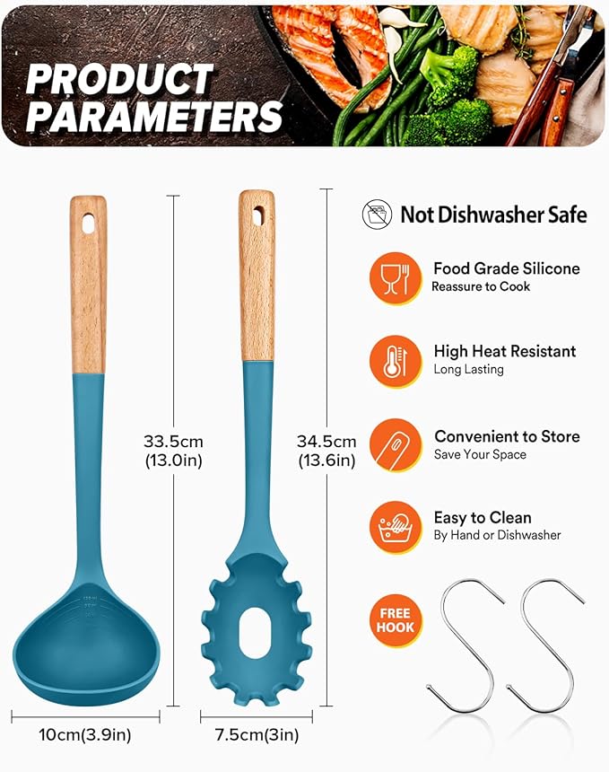 Pasta Fork and Ladle Set, and Sauce Pasta, BPA-Free Matte Silicone, Wood Handle - Image 2