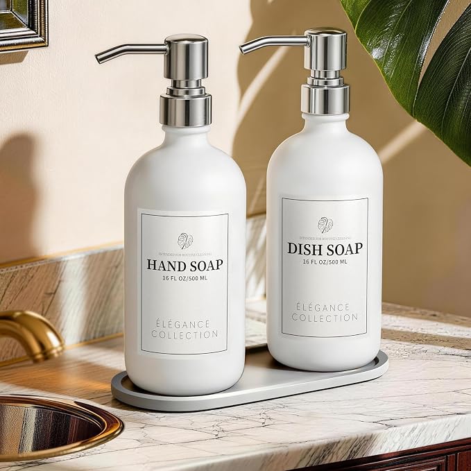 White Glass Soap Dispenser Set of 2, 16oz Hand and Dish Soap Dispenser by FachixyUS