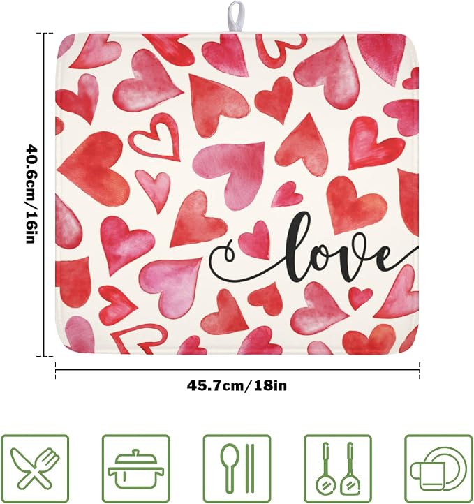 Valentine's Day Dish Drying Mat 16 x 18 Inch Heart Shaped Dish Drying Pad - Image 2