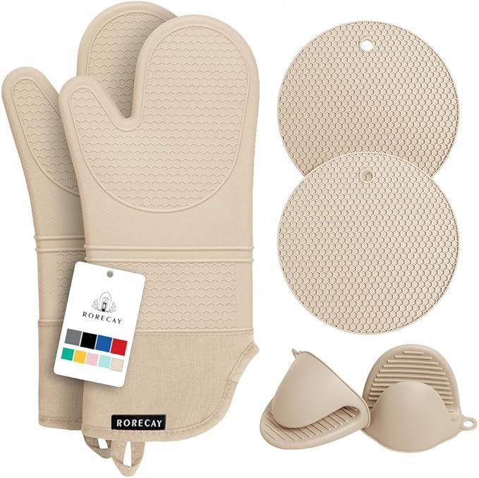Rorecay Oven Mitts and Pot Holders Sets 6pcs, Extra Long Kitchen Silicone Oven by Rorecay