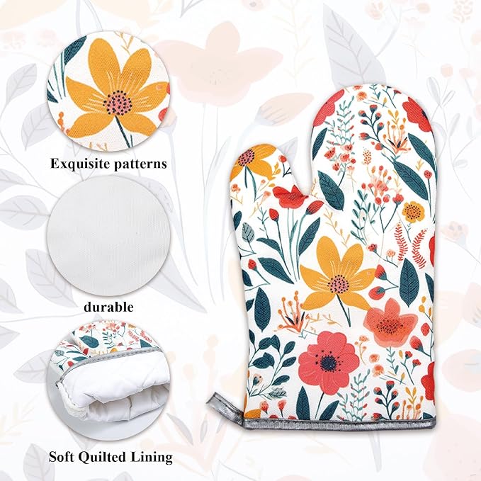3 Pcs Kitchen Stuff, Wild Floral Kitchen Oven Mitts and Pot Holders Sets - Image 2