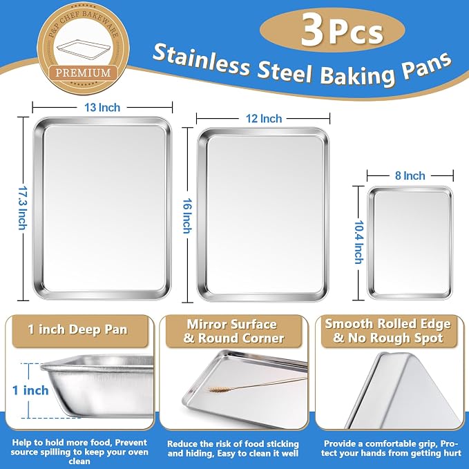 P&P CHEF 17.5 + 16 + 10.4 Inch Baking Sheet and Rack Set, Stainless Steel - Image 2